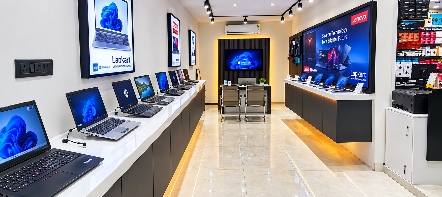 Laptops displayed in the modern Lapkart showroom